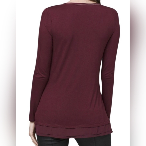 White House Black Market Lg Burgundy Silver Micro Bead Trim Chiffon Hem V-Neck - Picture 2 of 8